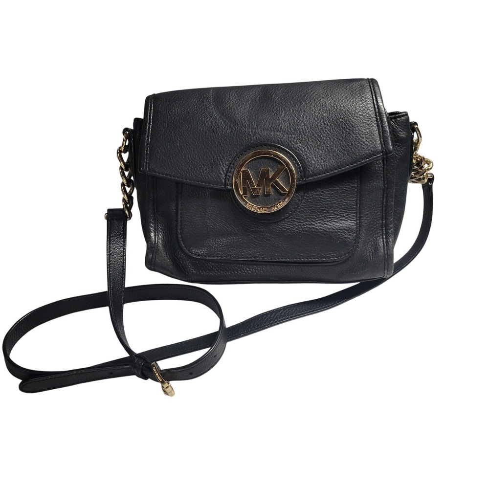 Michael Kors Fulton Black Pebbled Leather‎ Crossbody Bag Gold MK Logo Messenger